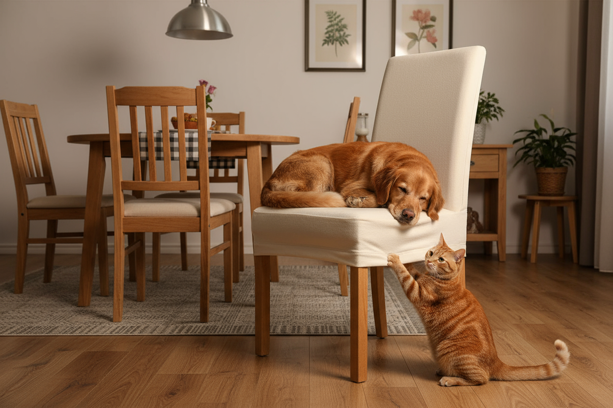 i want a standard chair with wooden foot with a chair cover that covers just till the chair upholstery, a dog sleeping on the chair and a cat on the floor schrating the chair cover. the background can be a dining room