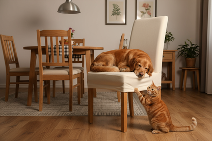 i want a standard chair with wooden foot with a chair cover that covers just till the chair upholstery, a dog sleeping on the chair and a cat on the floor schrating the chair cover. the background can be a dining room